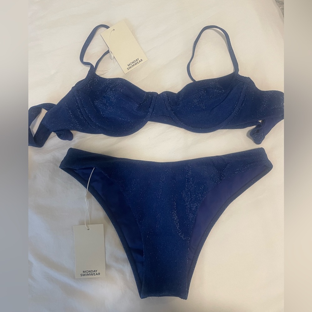 Monday Swimwear navy shimmer bikini set